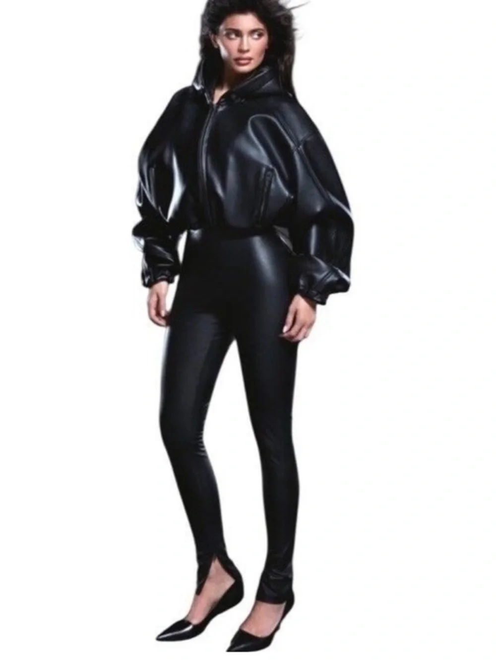KHY Oversized Black Faux Leather Hooded Bomber Jacket Sz M - Picture 10 of 14